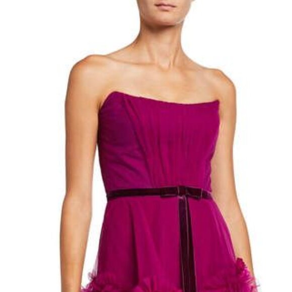 Marchesa Strapless Mixed Media Textured Tiered Gown w/ Corseted Bodice - Picture 2 of 3